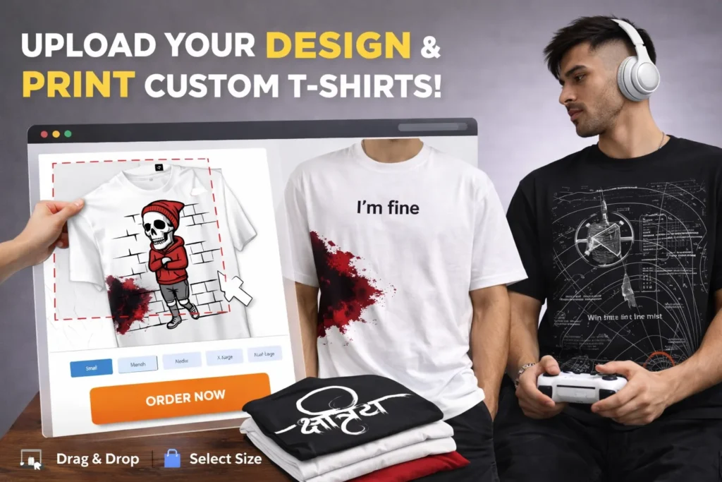 custom printed t-shirt banner showing upload your design option with drag and drop, size selection and order process