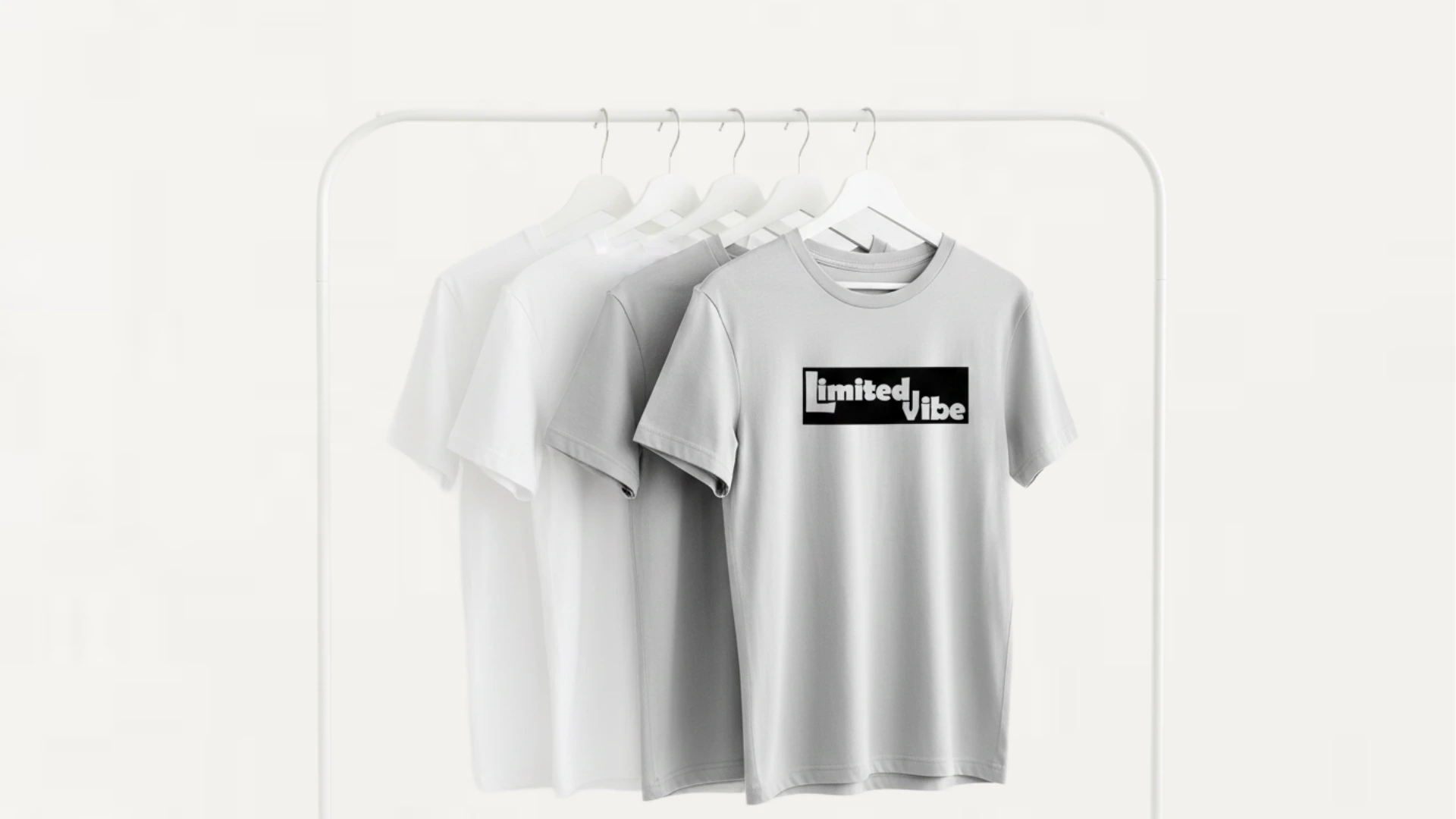 minimal white clothing rack background with empty white hangers in a clean studio setting