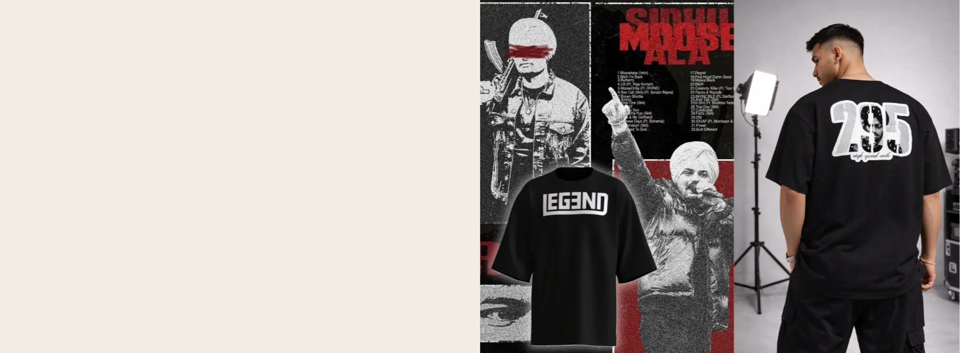 sidhu moose wala printed t shirt with legend typography and 295 back design in studio photoshoot